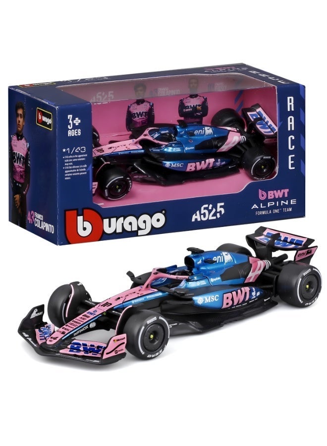 بوراجو نموذج سيارة Bburago Alpine A525 F1 2025 (الرقم 10، بيير غاسلي) - مقياس 1:43، باللون الأسود الكربوني المطفأ مع الأزرق الفرنسي المخصص للسباقات والوردي النيون. - Image 1