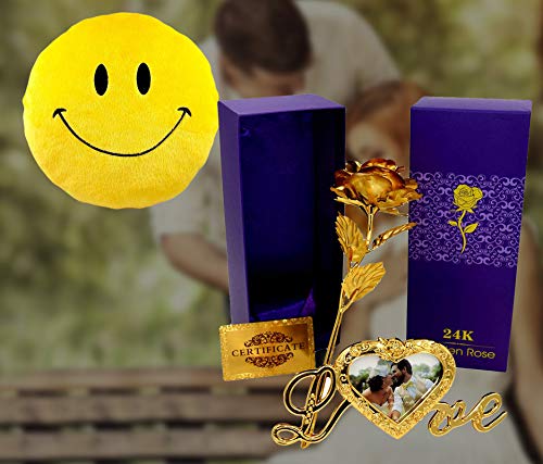INTERNATIONAL GIFT INTERNATIONAL GIFT Golden Rose Flower 25 cm with Photo Frame Love Stand with Luxury Box and Carry Bag with Emoji Smiley PillowCushions