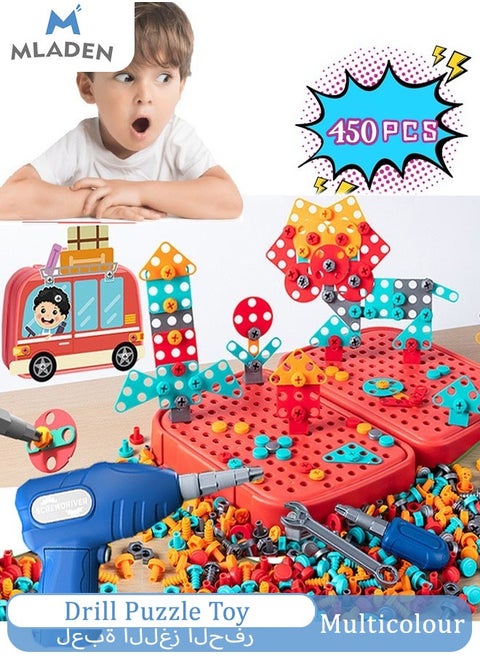 Drill Design Puzzle Constructions Toys – 450 Pcs Electric Drill Creative Screwdriver Building Take Apart Blocks STEM Educational Set With Storage Box For 3 4 5 6 7 8 Ages Kids Boys