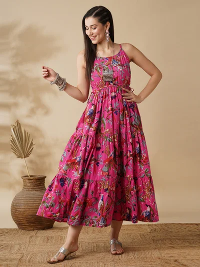 جلو باص Women Pink Floral Printed Shoulder Straps Tie Ups Cotton Fit & Flare Maxi Ethnic Dress