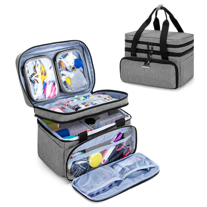 BAFASO Double Layer Sewing Accessories Organizer with 2 Detachable Pouches Large Sewing Storage Bag for Sewing Tools Bag ONLY Gray