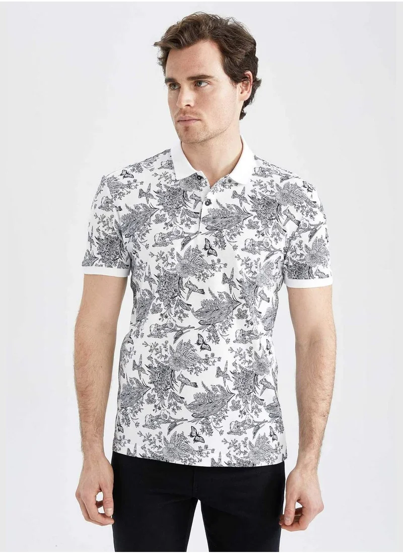 ديفاكتو Slim Fit Floral Patterned Short Sleeve Polo Shirt