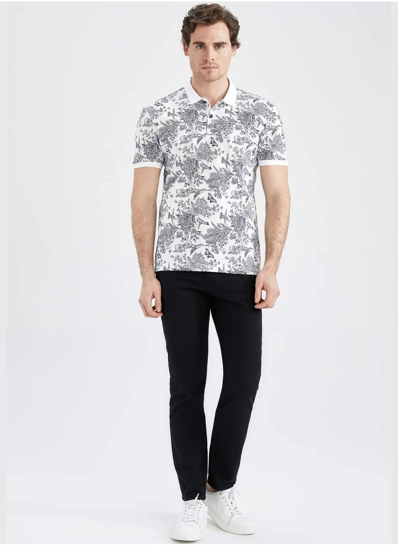 ديفاكتو Slim Fit Floral Patterned Short Sleeve Polo Shirt