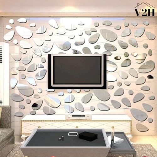 V2H 20Pcs Irregular Geometric Cobblestone Pattern Mirror Wall Sticker Self-Adhesive Detachable Colored Acrylic Mirror Wall Decals for Home, Living Room, Bedroom, Hotel, Restaurants, Cafe Decor, Silver - Image 2