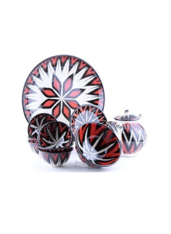 السيد پی مجموعة الشاي والعشاء المصنوعة يدويًا من الطين الأوزبكي الجميل من AlsayedP، إبريق شاي مع أكواب فخار أوزبكستان، متعدد الألوان، مجموعة كاوا/ كاهوا العربية التقليدية (طقم شاي أحمر، 11 قطعة)