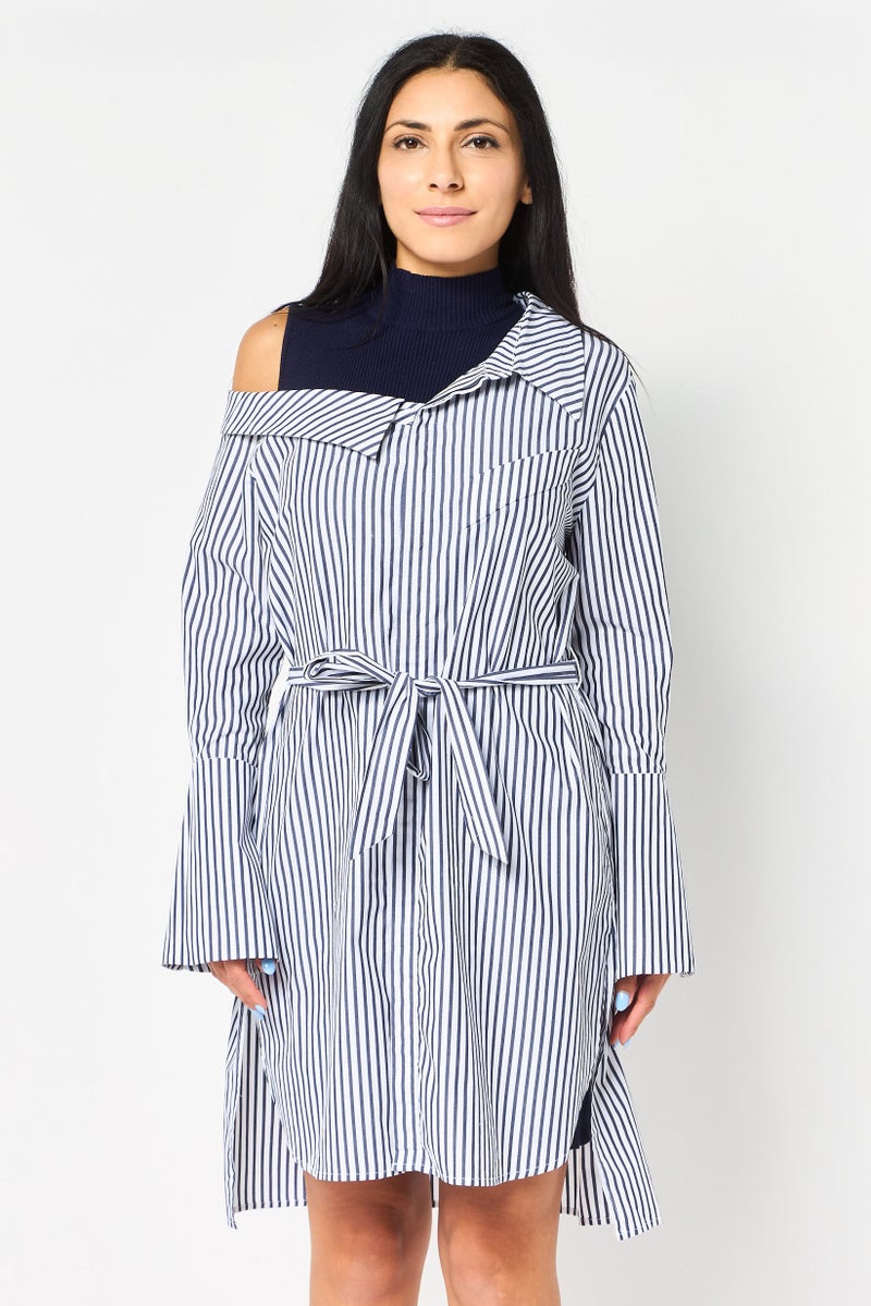 SELECTED Women 2 Pieces Stripe Belted Midi Dress Set, Multicolor - Image 1