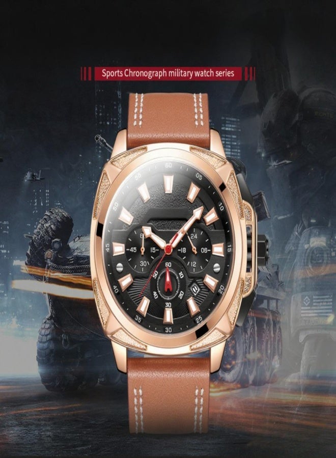 MEGIR 2128 Men's Fashion Watch Multifunction Sports Wristwatch 3ATM Waterproof Chronograph Quartz Watch with Luminous Calendar Genuine Leather Band for Men - Image 5