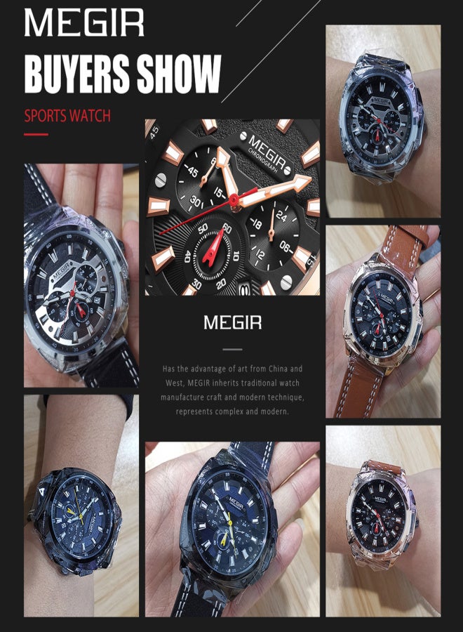MEGIR 2128 Men's Fashion Watch Multifunction Sports Wristwatch 3ATM Waterproof Chronograph Quartz Watch with Luminous Calendar Genuine Leather Band for Men - Image 3