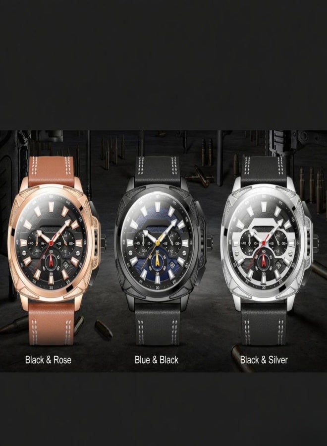 MEGIR 2128 Men's Fashion Watch Multifunction Sports Wristwatch 3ATM Waterproof Chronograph Quartz Watch with Luminous Calendar Genuine Leather Band for Men - Image 4
