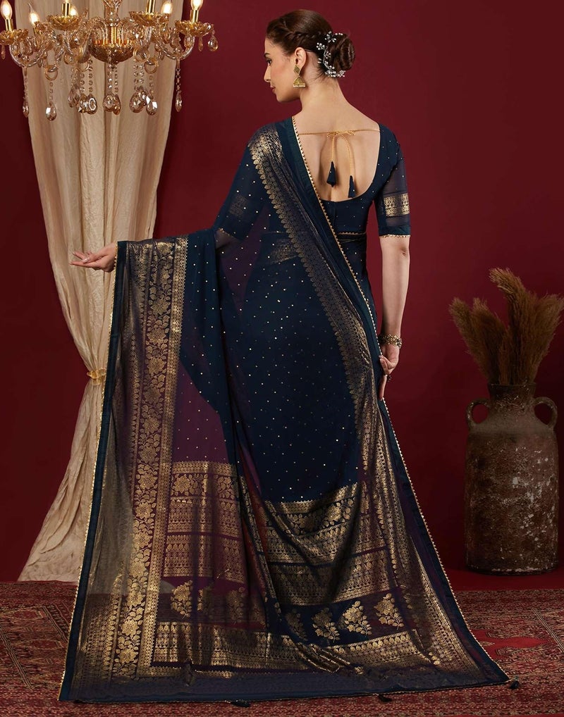 Shiv Textiles Women's Georgette Foil Printed & Lace Saree(SAT-569-Navy_Blue) - Image 4