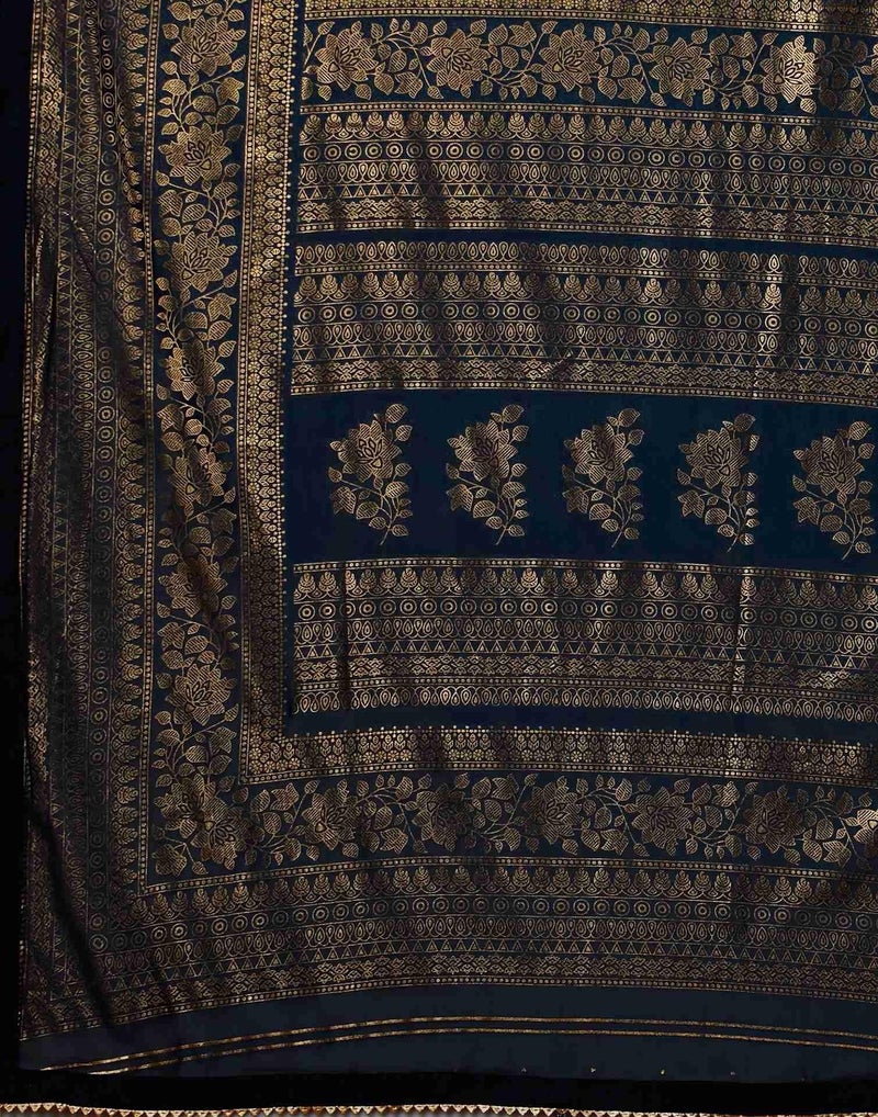 Shiv Textiles Women's Georgette Foil Printed & Lace Saree(SAT-569-Navy_Blue) - Image 5