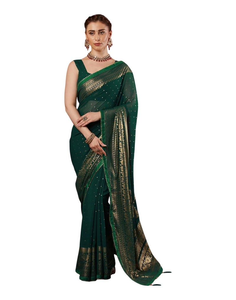 Shiv Textiles Women's Georgette Foil Printed & Lace Saree(SAT-569-Navy_Blue) - Image 1
