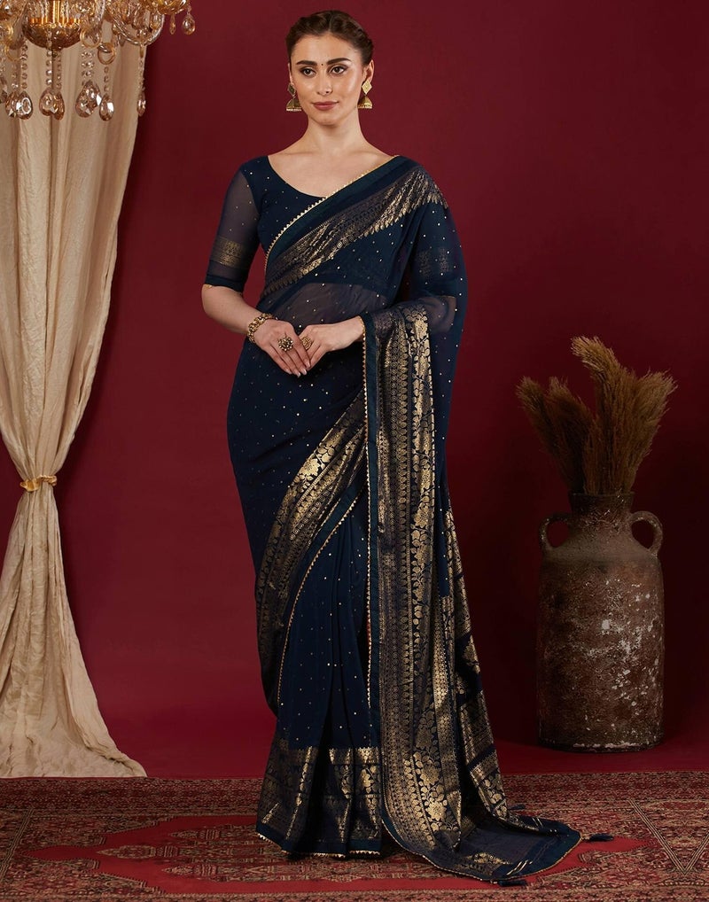 Shiv Textiles Women's Georgette Foil Printed & Lace Saree(SAT-569-Navy_Blue) - Image 2