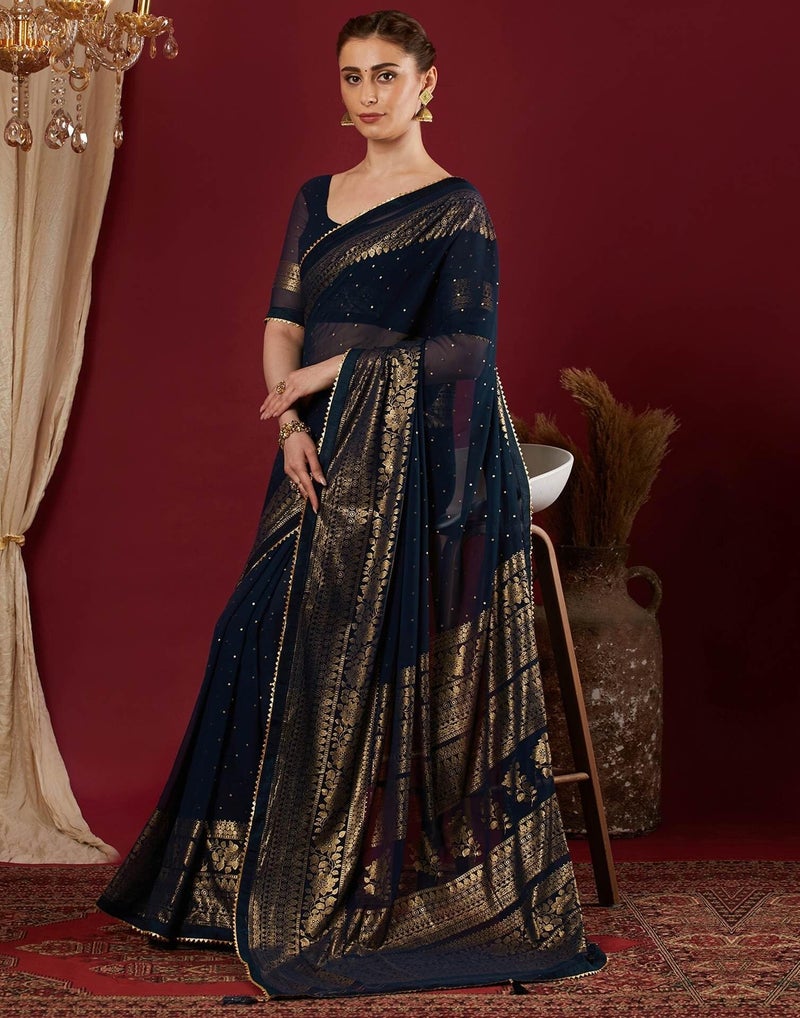 Shiv Textiles Women's Georgette Foil Printed & Lace Saree(SAT-569-Navy_Blue) - Image 3