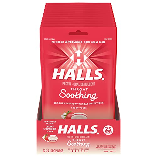 HALLS Throat Soothing Previously HALLS Breezers Creamy Strawberry Throat Drops 12 Bags of 25 Drops 300 Total Drops