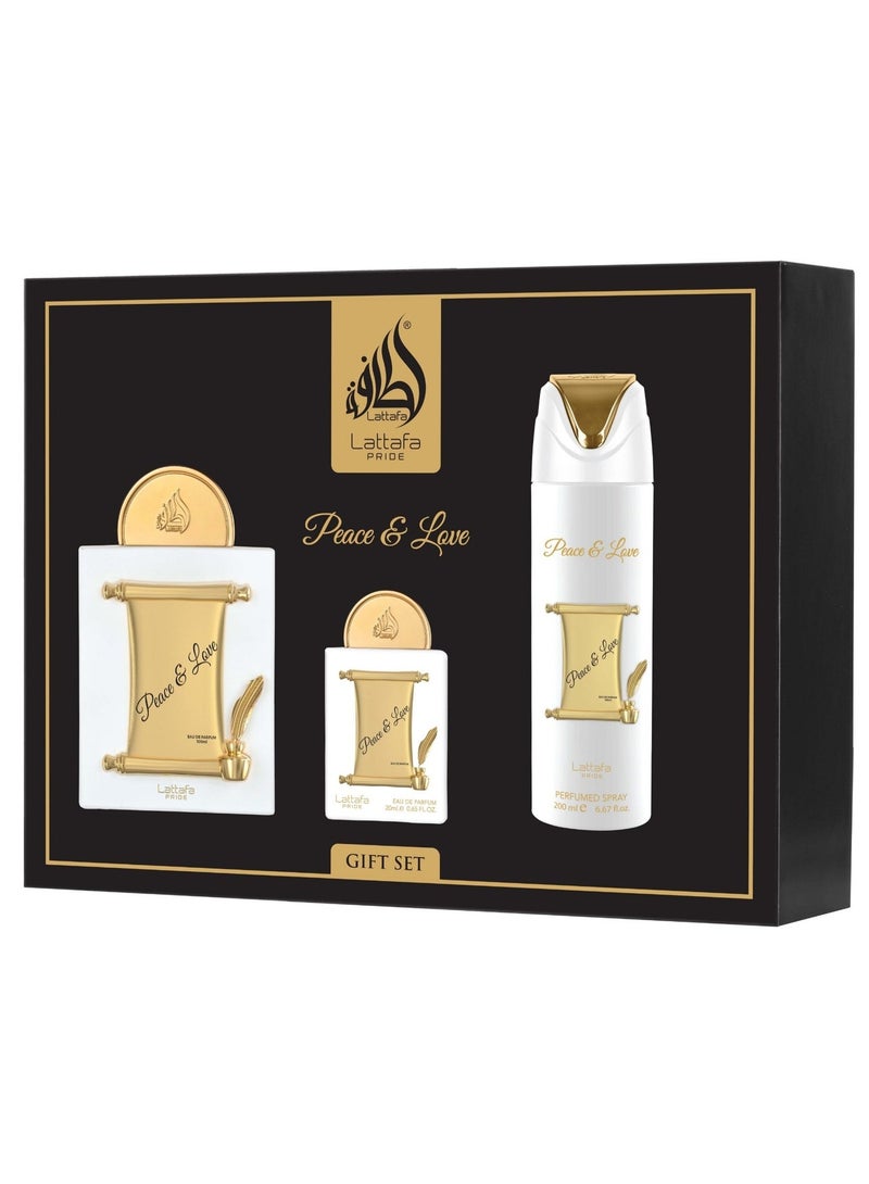 Lattafa PRIDE GIFTSET Peace & Love | Set 3-Piece (Edp 100ml + Edp 20ml + Deodorant 200ml) - Image 2