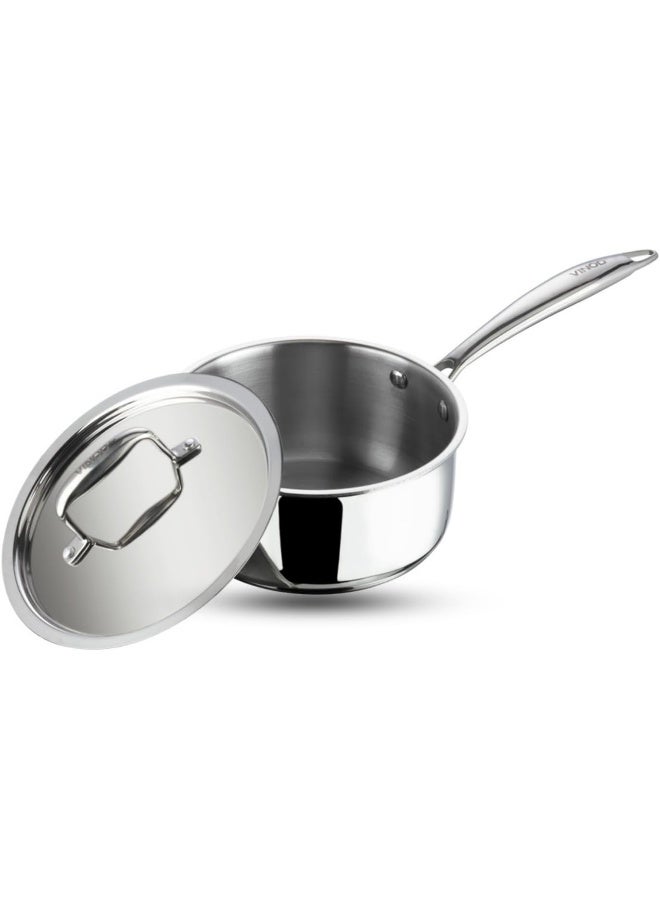 VINOD Platinum Triply Stainless Steel Saucepan with Lid - 2.2 Litres (18 cm) | 2.5 mm Thick | Tea, Chai Pan | | Induction & Gas Friendly, Heavy Bottom - Silver - Image 1