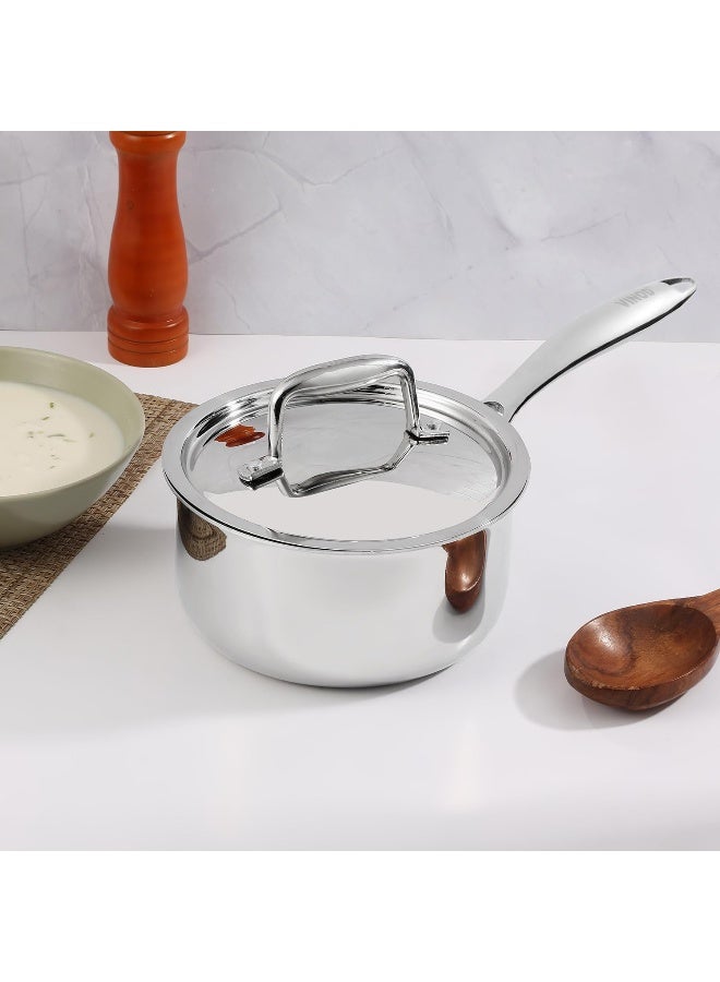 VINOD Platinum Triply Stainless Steel Saucepan with Lid - 2.2 Litres (18 cm) | 2.5 mm Thick | Tea, Chai Pan | | Induction & Gas Friendly, Heavy Bottom - Silver - Image 2