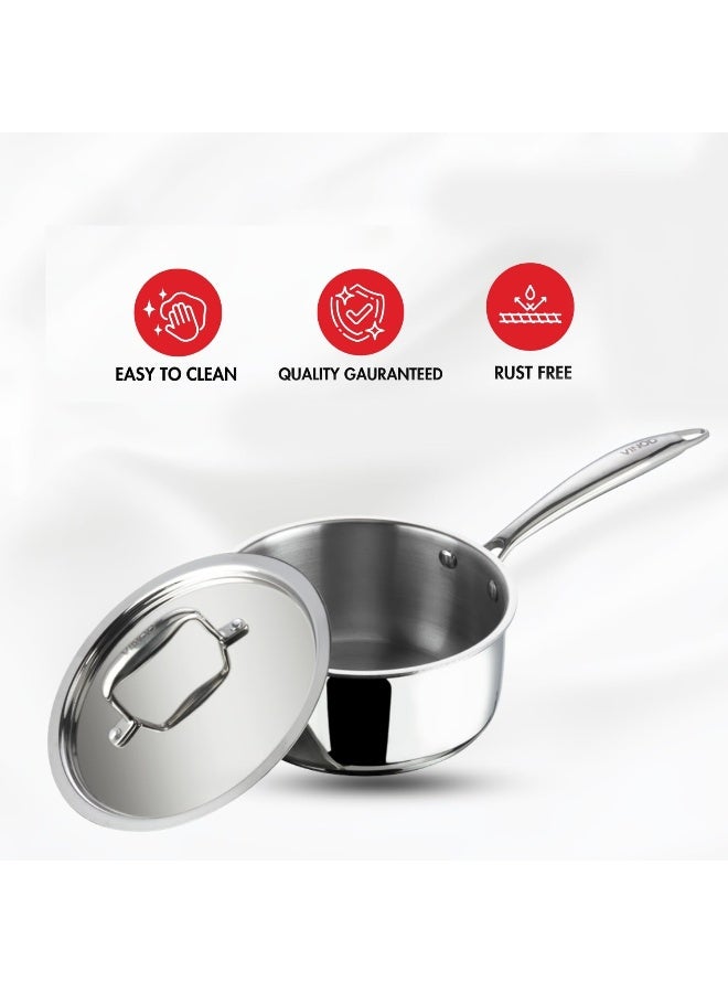 VINOD Platinum Triply Stainless Steel Saucepan with Lid - 2.2 Litres (18 cm) | 2.5 mm Thick | Tea, Chai Pan | | Induction & Gas Friendly, Heavy Bottom - Silver - Image 5