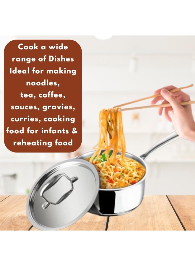 VINOD Platinum Triply Stainless Steel Saucepan with Lid - 2.2 Litres (18 cm) | 2.5 mm Thick | Tea, Chai Pan | | Induction & Gas Friendly, Heavy Bottom - Silver - Image 3