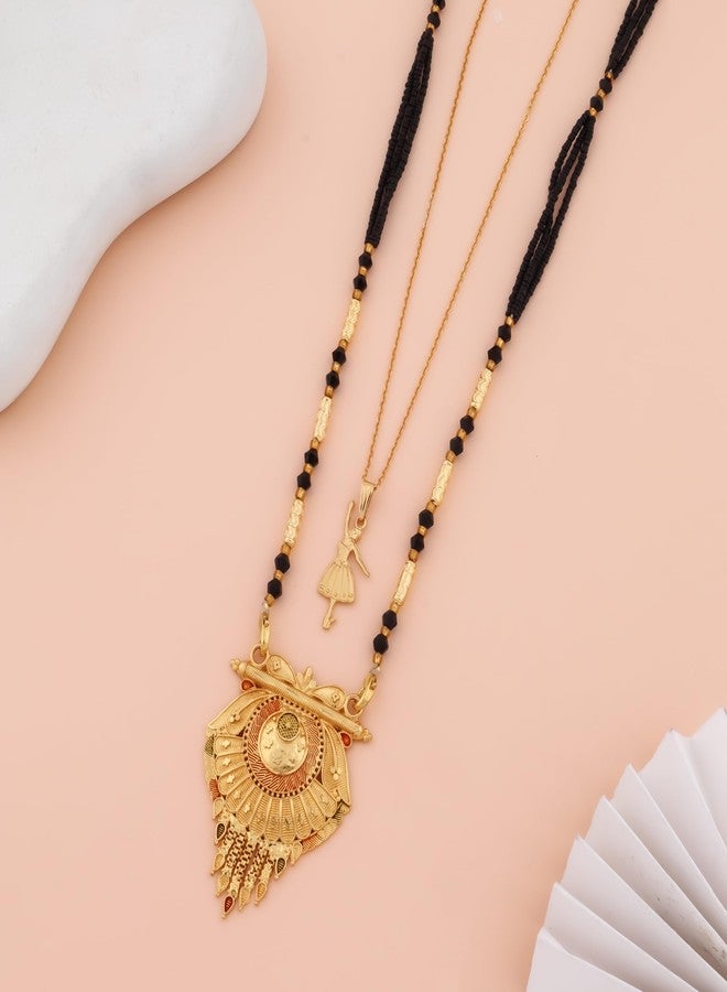 MALKYN Women's Gold Plated Floral Motif Mangalsutra with Red Enamel Accents and Ballerina Pendant Layered Necklace Set, Traditional Black Beaded Indian Jewelry-MD-028 - Image 2