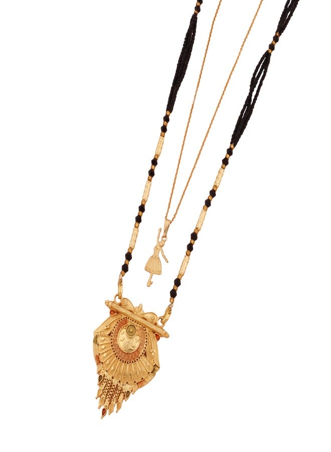 MALKYN Women's Gold Plated Floral Motif Mangalsutra with Red Enamel Accents and Ballerina Pendant Layered Necklace Set, Traditional Black Beaded Indian Jewelry-MD-028 - Image 1