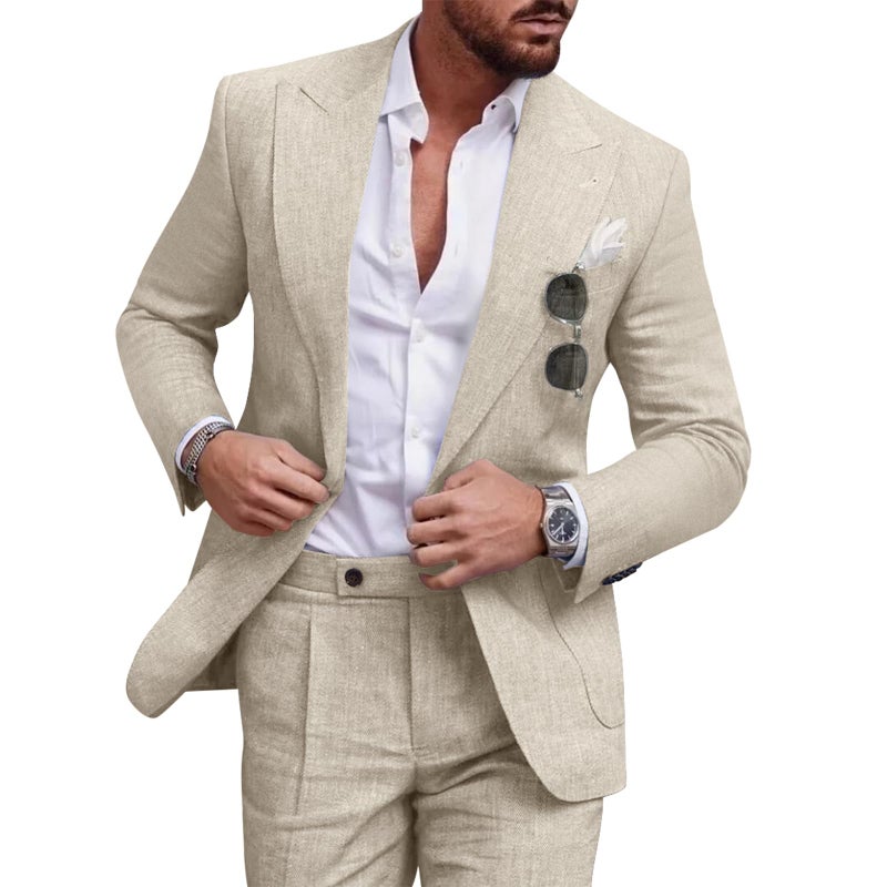 Diaryan Linen Men Suit Beige 2 Piece One Button Classic Fit Dress Suit Solid Jacket and Trousers Set for Wedding Business XL - Image 1