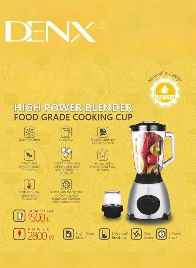 دينكس خلاط عالي الطاقة 2800 واط، كوب زجاجي سعة 1.5 لتر، 5 إعدادات للسرعة، شفرات من الفولاذ المقاوم للصدأ - Image 5