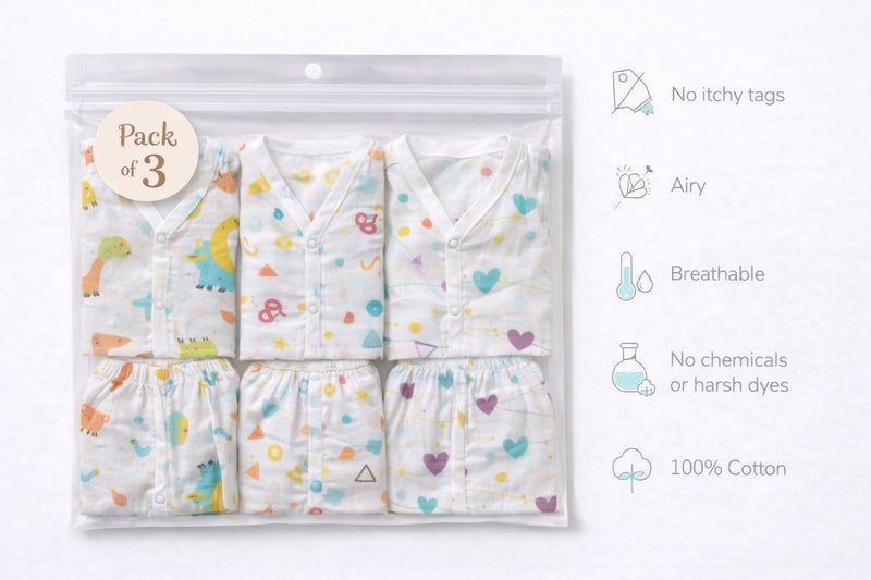 Pack of 3 - Baby Muslin Night Suit Set - Half Sleeve Shirt & Pajama, Soft Cotton Breathable Sleepwear - (6-9 Months) - Image 4