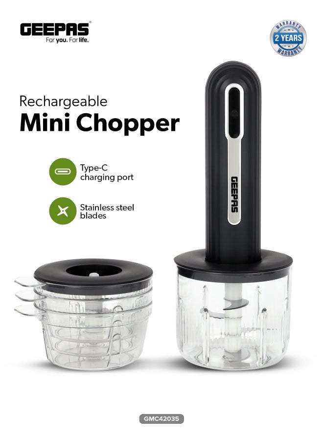 GEEPAS Rechargeable Mini Food Chopper | 1300mAh Battery, Stainless Steel Blades, Type-C Charging | 4 Bowls (400ml & 200ml), Handheld Design | One-Touch Operation for Effortless Chopping | GMC42035 5 W GMC42035 Black - Image 1
