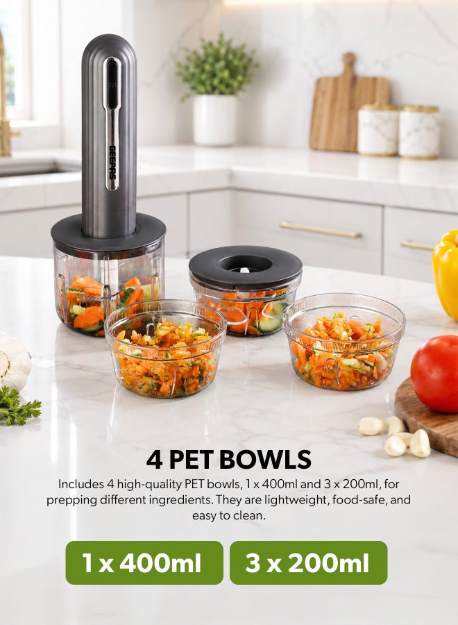 GEEPAS Rechargeable Mini Food Chopper | 1300mAh Battery, Stainless Steel Blades, Type-C Charging | 4 Bowls (400ml & 200ml), Handheld Design | One-Touch Operation for Effortless Chopping | GMC42035 5 W GMC42035 Black - Image 2