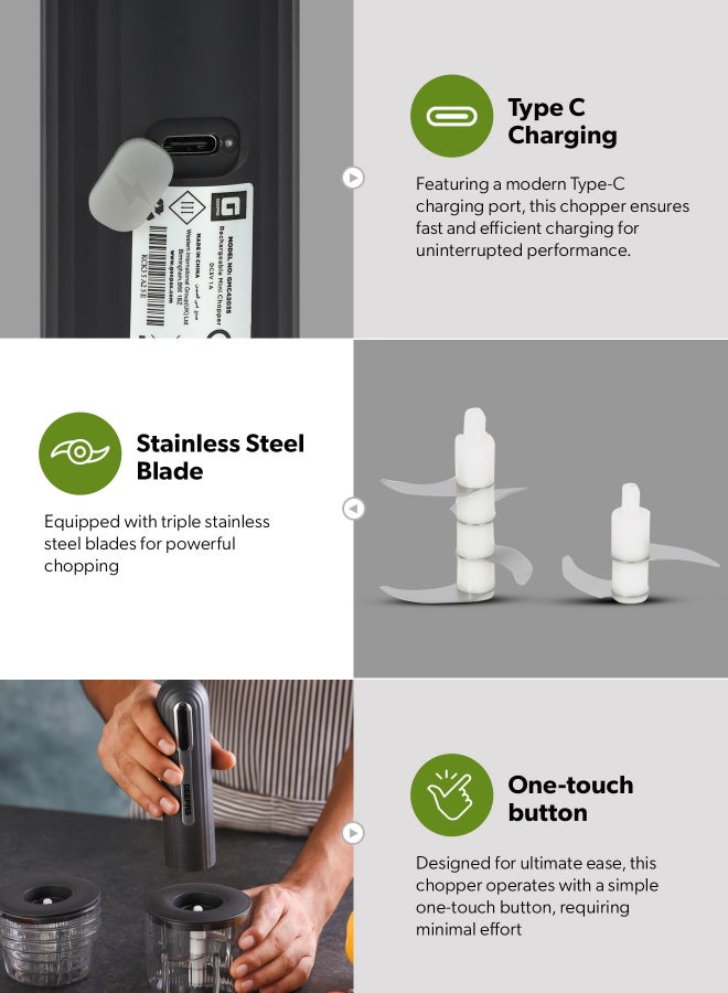 GEEPAS Rechargeable Mini Food Chopper | 1300mAh Battery, Stainless Steel Blades, Type-C Charging | 4 Bowls (400ml & 200ml), Handheld Design | One-Touch Operation for Effortless Chopping | GMC42035 5 W GMC42035 Black - Image 3
