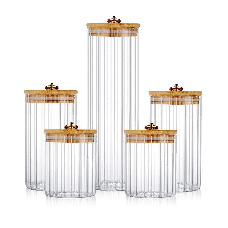 FANTESTICRYAN Glass Storage Jars Set of 5, Decorative Coffee Bar Container with Airtight Bamboo Lid Metal Ring for Home Kitchen Storing Candy, Cookie, Pasta, Nuts, Oatmeal and Bathroom Salt - Image 1