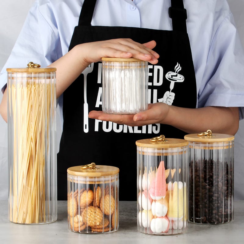 FANTESTICRYAN Glass Storage Jars Set of 5, Decorative Coffee Bar Container with Airtight Bamboo Lid Metal Ring for Home Kitchen Storing Candy, Cookie, Pasta, Nuts, Oatmeal and Bathroom Salt - Image 2