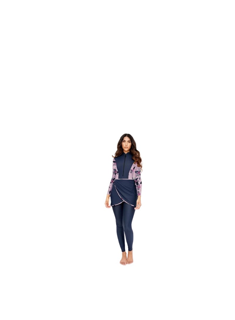 Girls' swimsuit, 3 pieces, navy blue bodysuit, wrap pocket, black pants, and bonnet 