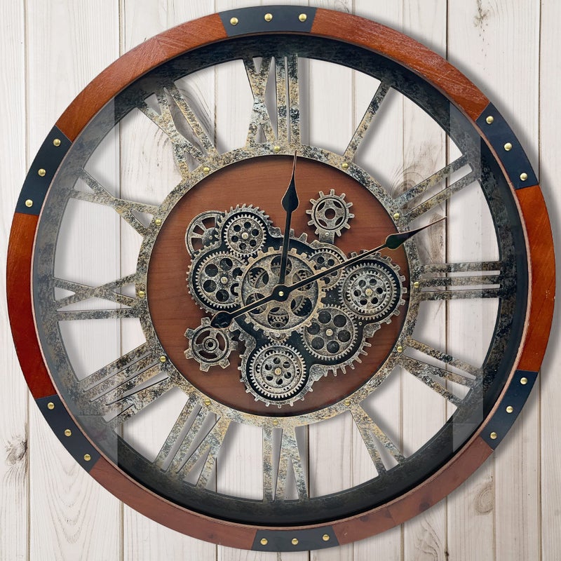 DORBOKER 24 Original Moving Gears Wall Clock Large Industrial Wall Clock for Living Room DecorOversized Wood Vintage Farmhouse Steampunk Rustic Clocks for Wall DecorBlack Walnut