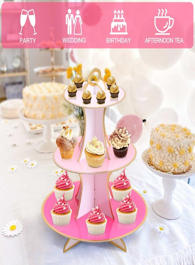 Soleebee 3-Tier Round Cupcake Stand, Multicolor Cardboard Cupcake Tower, Cup Cake Stand Tower for Birthday Wedding Party Decoration, Cupcake Tier Stand Desserts Display 1 Set (Pink+Hot Pink Gold) - Image 5