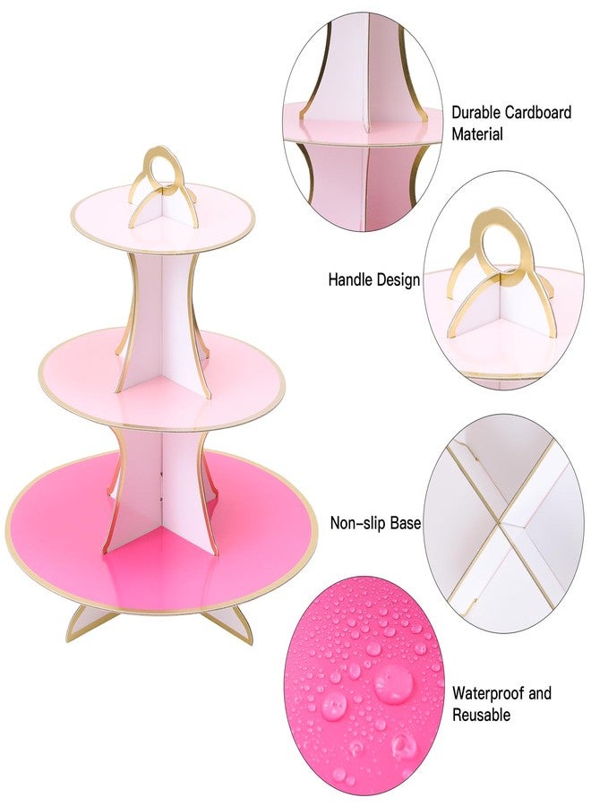 Soleebee 3-Tier Round Cupcake Stand, Multicolor Cardboard Cupcake Tower, Cup Cake Stand Tower for Birthday Wedding Party Decoration, Cupcake Tier Stand Desserts Display 1 Set (Pink+Hot Pink Gold) - Image 3