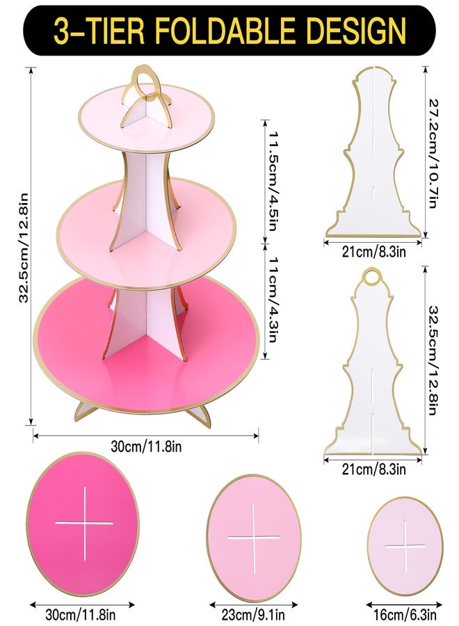 Soleebee 3-Tier Round Cupcake Stand, Multicolor Cardboard Cupcake Tower, Cup Cake Stand Tower for Birthday Wedding Party Decoration, Cupcake Tier Stand Desserts Display 1 Set (Pink+Hot Pink Gold) - Image 2