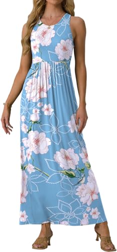 GRECERELLE Women's Summer Sleeveless Casual Long Tank Maxi Dress with Pockets, Flower Light Blue, 2XL - Image 2