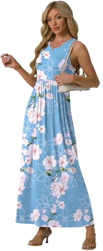 GRECERELLE Women's Summer Sleeveless Casual Long Tank Maxi Dress with Pockets, Flower Light Blue, 2XL - Image 3