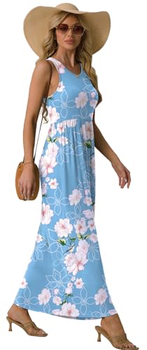 GRECERELLE Women's Summer Sleeveless Casual Long Tank Maxi Dress with Pockets, Flower Light Blue, 2XL - Image 5