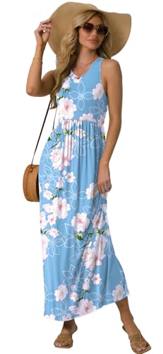 GRECERELLE Women's Summer Sleeveless Casual Long Tank Maxi Dress with Pockets, Flower Light Blue, 2XL - Image 4