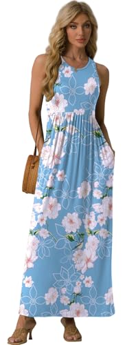 GRECERELLE Women's Summer Sleeveless Casual Long Tank Maxi Dress with Pockets, Flower Light Blue, 2XL - Image 1