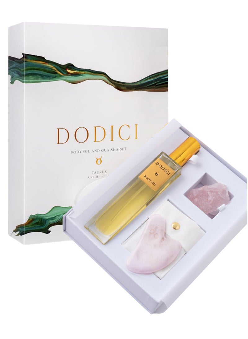 Dodici Gift Set Inspired by Your Zodiac Sign (Taurus) Silky and luxurious body oil made from ecological oils | Perfect for a Birthday Gift | Organic Body Oil & Natural ROSE QUARTZ Gift Set + Gua Sha - Image 1
