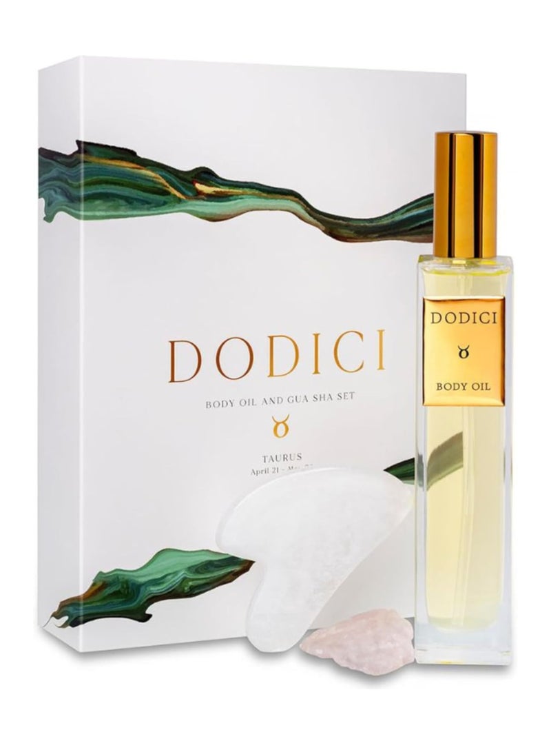 Dodici Gift Set Inspired by Your Zodiac Sign (Taurus) Silky and luxurious body oil made from ecological oils | Perfect for a Birthday Gift | Organic Body Oil & Natural ROSE QUARTZ Gift Set + Gua Sha - Image 2