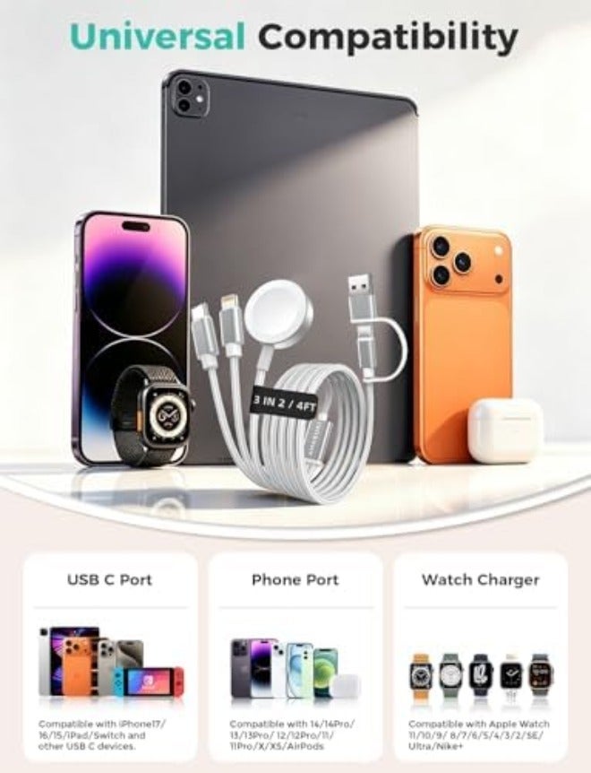 مستلزمات السفر، كابل USB‑C 3 في 2 لشحن ساعة آبل وآيفون - Image 4