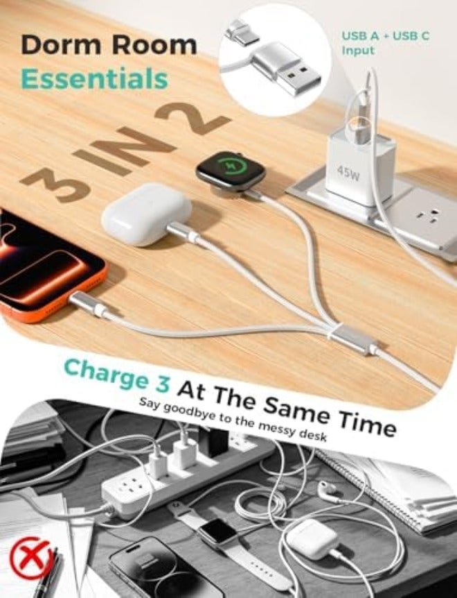 مستلزمات السفر، كابل USB‑C 3 في 2 لشحن ساعة آبل وآيفون - Image 3