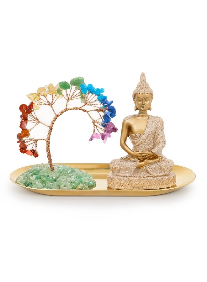 INNOLITES مجموعة شجرة الكريستال 7 شاكرا وتمثال بوذا من إينوليتس، ديكور تأمل اليوغا، شجرة المال وتماثيل بوذا لتزيين المنزل وغرفة المعيشة والمكتب، الثروة والحظ - Image 1