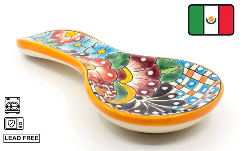 Casa Fiesta Designs Colorful Ceramic Spoon Rest – Hand-Painted Large Talavera Kitchen Utensil Holder for Counter & Stove Top in Gift Box - Dishwasher Safe Lead Free Cooking Ladle Dish Mexican Style Cuchara Multicolor - Image 3